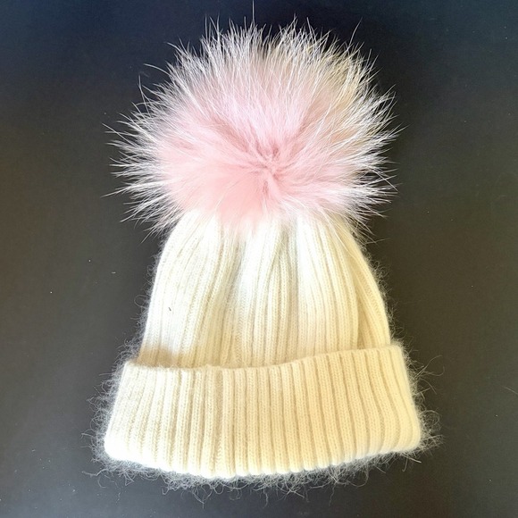 Linda Richard\'s Fur Beanie Hat Ivory Pink Pom Pom Luxury Mohair Soft Cozy main image 5